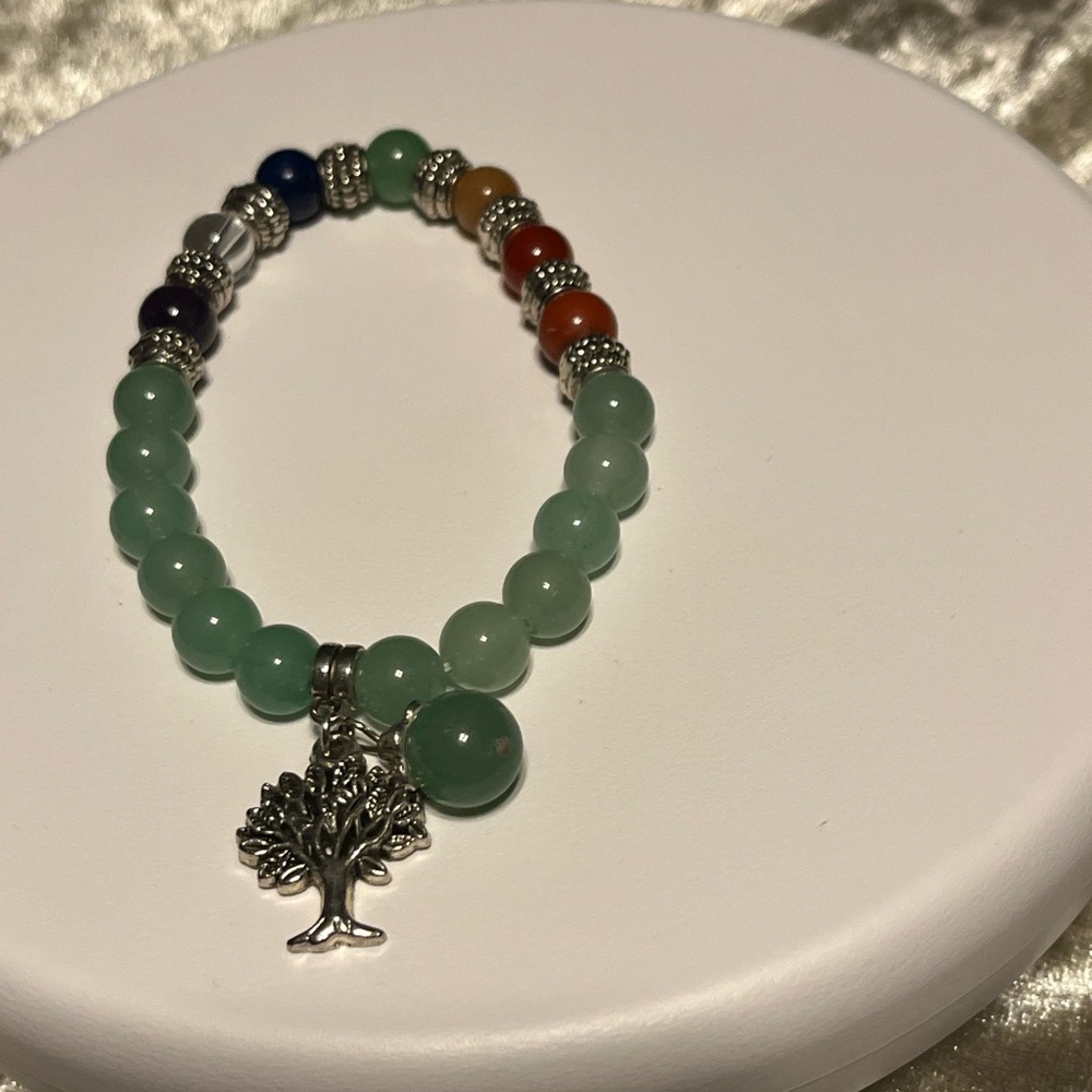 Chakra Beaded , quartz, lapis, agate Bracelet with Tree Charm